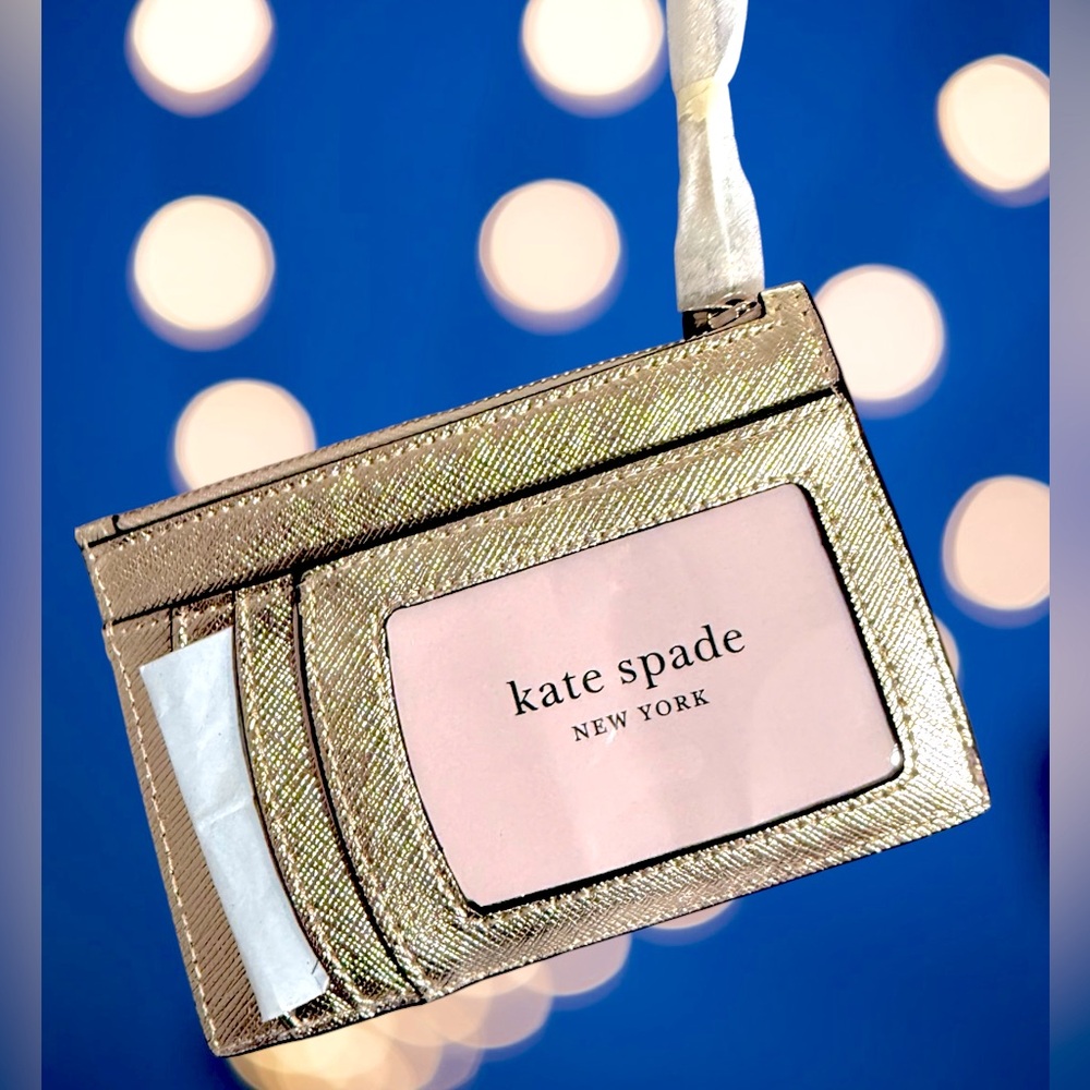 Kate Spade metallic gold ID card holder wristlet wallet purse clip keychain $88